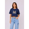 Kedi Baskılı Oversize Crop Tişört Salaş Basic Yarım Kol T-shirt - Lacivert