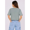 Kedi Baskılı Oversize Crop Tişört Salaş Basic Yarım Kol T-shirt - Mint Yeşili