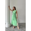 KETEN ELBİSE KOLSUZ BEL BAĞLAMALI MAXİ ELBİSE - Yeşil