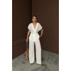 KETEN V YAKA BELDEN BAĞLAMALI BLUZ-PANTOLON TAKIM - Beyaz