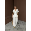 KETEN V YAKA BELDEN BAĞLAMALI BLUZ-PANTOLON TAKIM - Beyaz