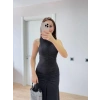 Kolsuz Büzgülü Uzun Elbise - Siyah