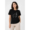 Köpek Figürlü Minimal Baskılı Tişört Kısa Kol Yazlık T-Shirt - Siyah