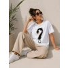 Kuğu Figürlü Soru İşareti Baskılı Tişört Kısa Kol T-Shirt - Beyaz