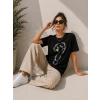 Kuğu Figürlü Soru İşareti Baskılı Tişört Kısa Kol T-Shirt - Siyah