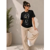 Kuğu Figürlü Soru İşareti Baskılı Tişört Kısa Kol T-Shirt - Siyah