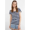 Lacivert V Yaka Çizgili Kısa Kollu Kadın Tişört