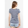 Lacivert V Yaka Çizgili Kısa Kollu Kadın Tişört