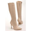 LS-226 Bej Cilt Fermuarlı Lastikli İnce Yüksek Topuklu Kadın Çizme