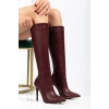 LS-226 Bordo Cilt Fermuarlı Lastikli İnce Yüksek Topuklu Kadın Çizme
