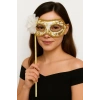 Lüks Taşlı Saplı Maskeli Balo Maskesi Beyaz Renk 35 cm
