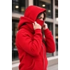 Maskeli Ninja Model Çift Kapüşonlu 3 İplik Şardonlu Fermuarlı Oversize Sweatshirt - Kırmızı