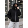 Maskeli Ninja Model Çift Kapüşonlu 3 İplik Şardonlu Fermuarlı Oversize Sweatshirt - Siyah
