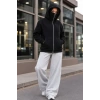 Maskeli Ninja Model Çift Kapüşonlu 3 İplik Şardonlu Fermuarlı Oversize Sweatshirt - Siyah