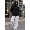Maskeli Ninja Model Çift Kapüşonlu 3 İplik Şardonlu Fermuarlı Oversize Sweatshirt - Siyah