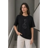Minimal Gitar Baskılı Tişört T-Shirt Yazlık Kısa Kol Bisiklet Yaka T-Shirt - Siyah