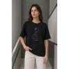 Minimal Gitar Baskılı Tişört T-Shirt Yazlık Kısa Kol Bisiklet Yaka T-Shirt - Siyah