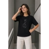 Minimal Gitar Baskılı Tişört T-Shirt Yazlık Kısa Kol Bisiklet Yaka T-Shirt - Siyah