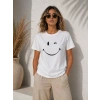 Minimal Gülümseyen Yüz Baskılı Tişört Kısa Kol Yazlık T-Shirt - Beyaz