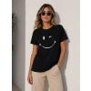 Minimal Gülümseyen Yüz Baskılı Tişört Kısa Kol Yazlık T-Shirt - Siyah
