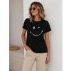 Minimal Gülümseyen Yüz Baskılı Tişört Kısa Kol Yazlık T-Shirt - Siyah