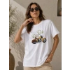 Motosiklet Baskılı Tişört Bisiklet Yaka Kısa Kol Yazlık T-Shirt - Beyaz