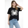 Örümcek Baskılı Tişört Kısa Kollu Bisiklet Yaka T-Shirt - Siyah