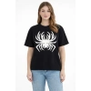 Örümcek Baskılı Tişört Kısa Kollu Bisiklet Yaka T-Shirt - Siyah