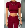 Osy Modal Yumuşak Dokulu Kumaş Kısa Kollu Crop Alt Ispanyol Paça Pantalon Ikili Takım - Bordo