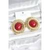 Pirinç Gold Renk Bordo Boncuklu Vintage Kadın Küpe