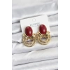 Pirinç Gold Renk Bordo Taşlı Vintage Kadın Küpe