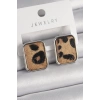 Pirinç Gümüş Renk Leopar Desenli Kare Model Kadın Küpe