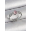 Pirinç Gümüş Renk Zirkon Taş Detaylı Pembe Mineli Damla Model Ayarlanabilir Kadın Yüzük