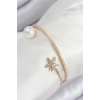 Pirinç Zirkon Taşlı Yıldız Ve İnci Model Gold Renk Kadın Bileklik