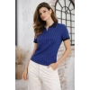 Polo Yaka Çizgili Tişört Kısa Kol Düğmeli Yazlık T-Shirt - Saks Mavisi