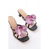 S-622 Siyah Mor Orkide Detaylı İnce Topuklu Kadın Terlik