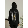 Sırt Baskılı Oversize Üç İplik Kapüşonlu Sweatshirt - Siyah