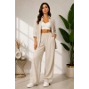 Sofya Keten Gömlek Pantolon Alt Üst Takım Uzun Kollu - Krem