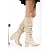 SYT-2002 Bej Kırışık Rugan Körüklü Kalın Topuklu Günlük Bayan Çizme