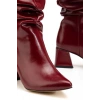 SYT-2002 Bordo Kırışık Rugan Körüklü Kalın Topuklu Günlük Bayan Çizme