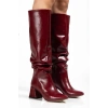 SYT-2002 Bordo Kırışık Rugan Körüklü Kalın Topuklu Günlük Bayan Çizme