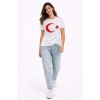 T-Shirt Kısa Kol Bisiklet Yaka Ay Yıldız Bayrak Baskılı Tişört - Beyaz