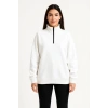 Üç İplik Dık Yaka Yarım Fermuarlı SweatShirt - Beyaz