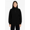 Üç İplik Dık Yaka Yarım Fermuarlı SweatShirt - Siyah