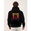 Unisex Baskılı Oversize Üç İplik Kapüşonlu Sweatshirt - Siyah