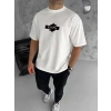 Unisex Bisiklet Yaka Baskılı Double Oversize T-Shirt - Beyaz