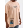 Unisex Bisiklet Yaka Baskılı Oversize T-Shirt - Bej