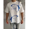 Unisex Bisiklet Yaka Baskılı Oversize T-Shirt - Beyaz