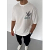 Unisex Bisiklet Yaka Baskılı Oversize T-Shirt - Beyaz
