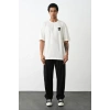 Unisex Bisiklet Yaka Baskılı Oversize T-Shirt - Beyaz